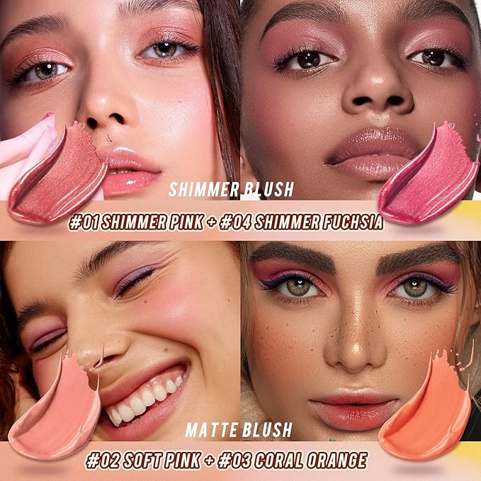 2 Pcs Cream Blush Stick Makeup Kit, Natural Shimmer & Matte Stick Blush Wand for Cheeks, Lightweight Blendable Silky Cream Blush Makeup -Shimmer Blush (#01 Shimmer Pink #04 Shimmer Fuchsia)-Velvo Beauty