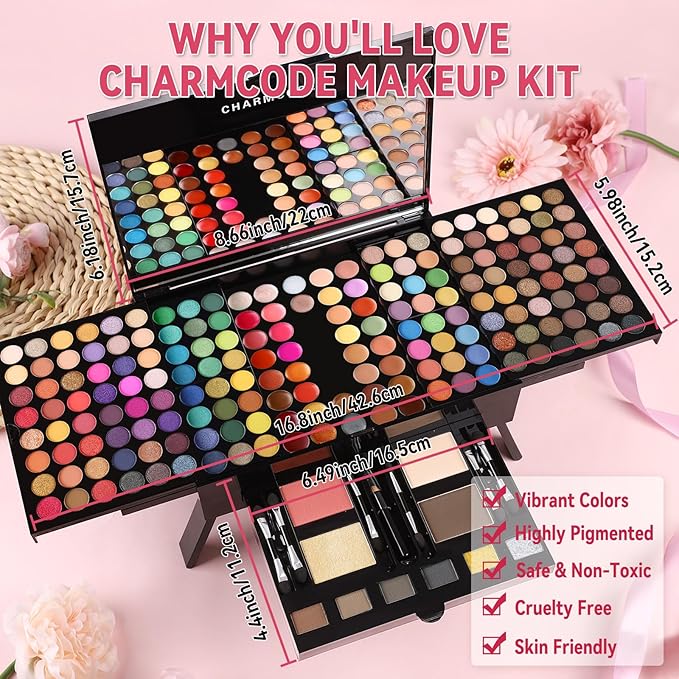 CHARMCODE 190 Colors Cosmetic Make up Palette Set Kit Combination with Eyeshadow Facial Blusher Eyebrow Powder Face Concealer Powder Eyeliner Pencil A Mirror All-in-One Makeup Gift Sets For Women-Velvo Beauty