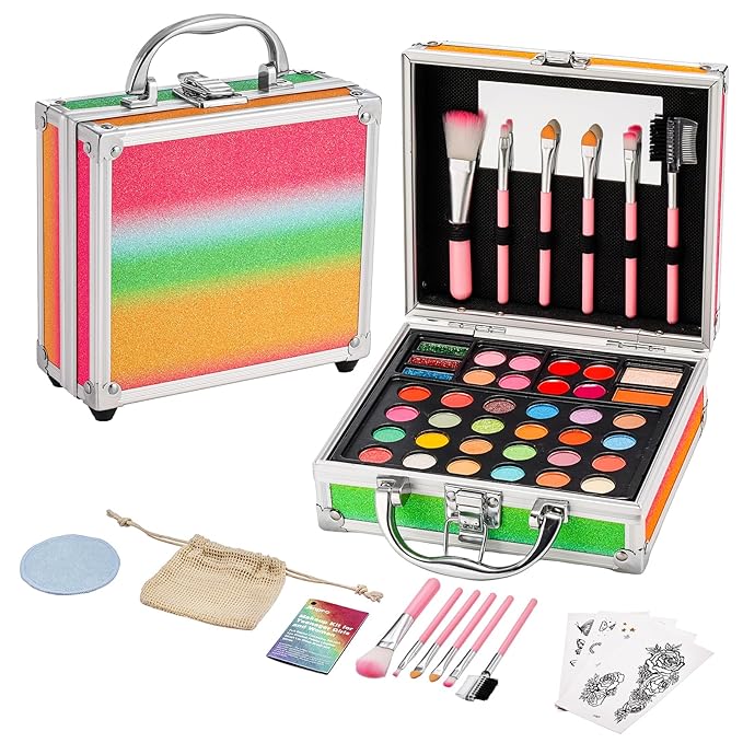 Anpro All-In-One Makeup Carry Case with Pro Teen Makeup Set, Full Starter Cosmetics Kit with Makeup Brushes, Eye Shadows Palette, Blushes, Glitter Gel, Temporary Tattoo Stickers-Velvo Beauty