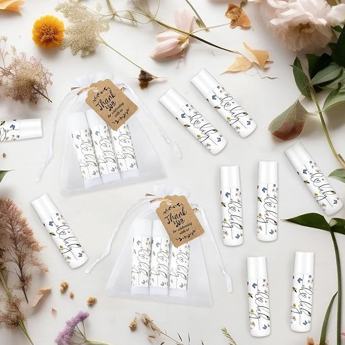 Demissle 50 Pcs Baby Shower Lip Balm Gift Set with 100 Pcs Organza Bags Baby Shower Party Favor for Guest Thank You Tag Rope Baby Shower Party Decoration Gender Reveal Souvenirs(Purple Flower)-Velvo Beauty