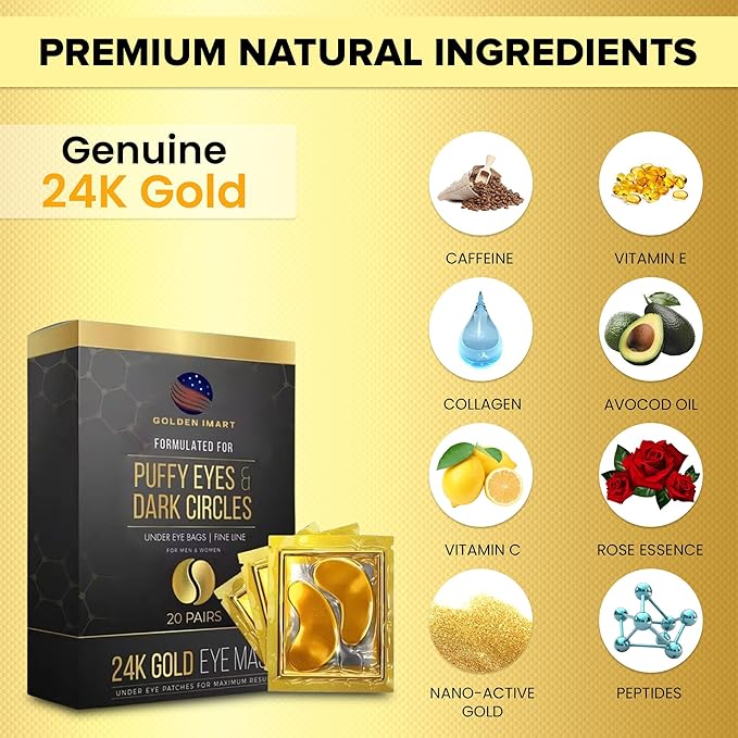 Under Eye Patches for Dark Circles - 24k Gold Eye Mask for Luxurious hydrating eye patches (20 Pairs) Gold Eye Patches for Puffy Eyes Brightening, Anti-Aging Wrinkles, for both genders-Velvo Beauty