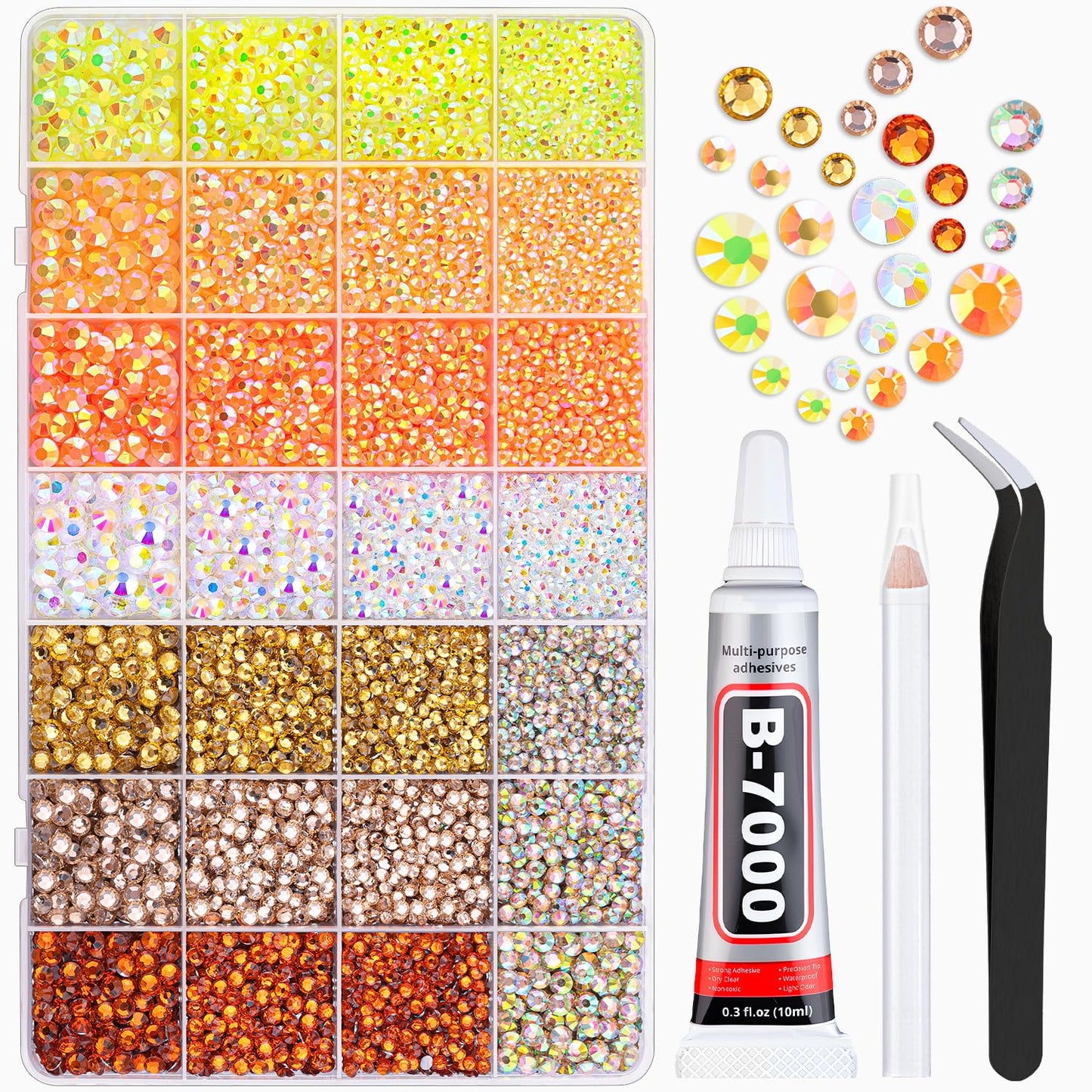 20000Pcs Yellow Rhinestones for Bedazzling with 1Pcs B7000 Jewelry Glue, Resin Rhinestones for Crafting Crafts DIY, Bedazzler Kit Gems for Clothing Shoes Tumblers Nail Art Assorted Size 3/4/5/6mm-Velvo Beauty