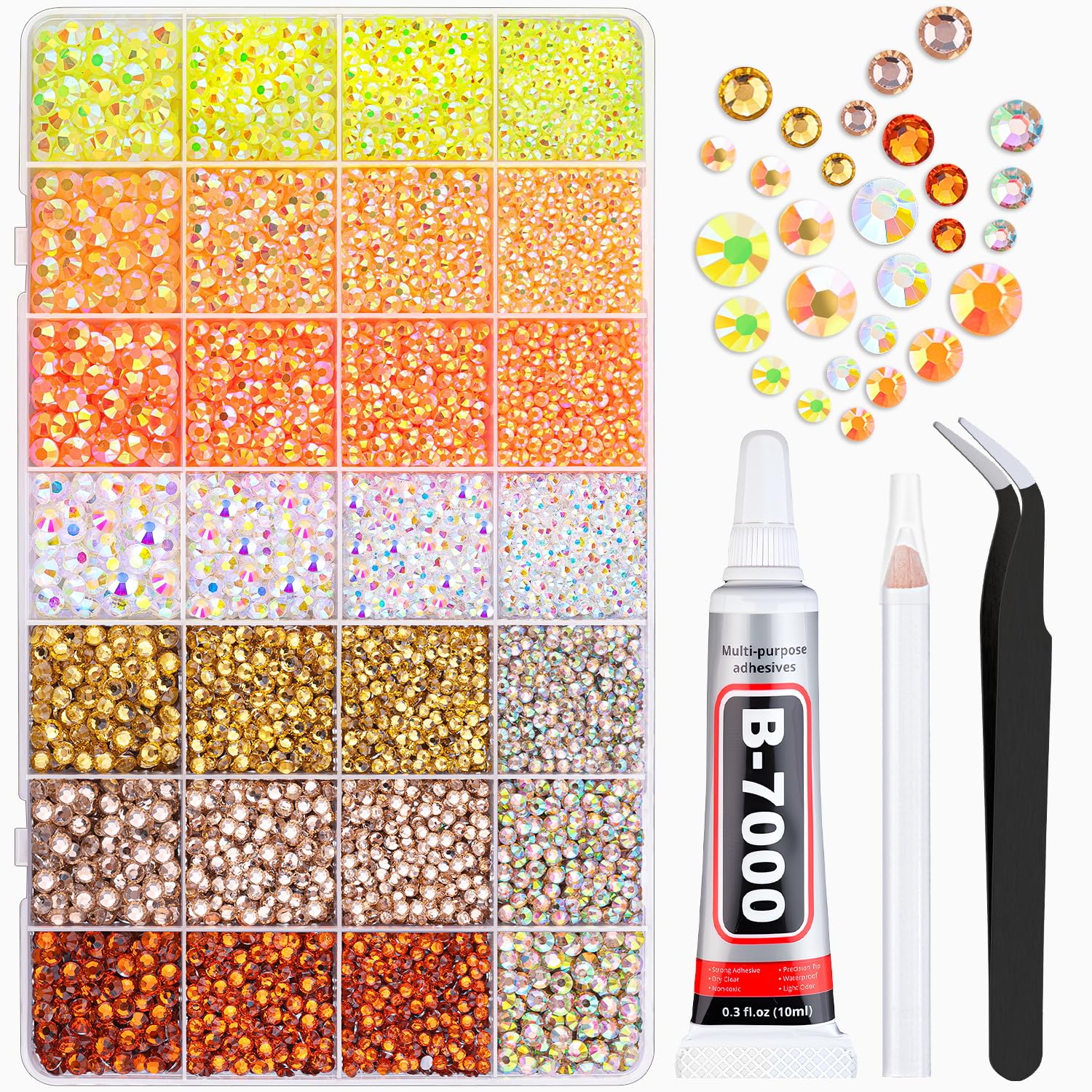 20000Pcs Yellow Rhinestones for Bedazzling with 1Pcs B7000 Jewelry Glue, Resin Rhinestones for Crafting Crafts DIY, Bedazzler Kit Gems for Clothing Shoes Tumblers Nail Art Assorted Size 3/4/5/6mm-Velvo Beauty