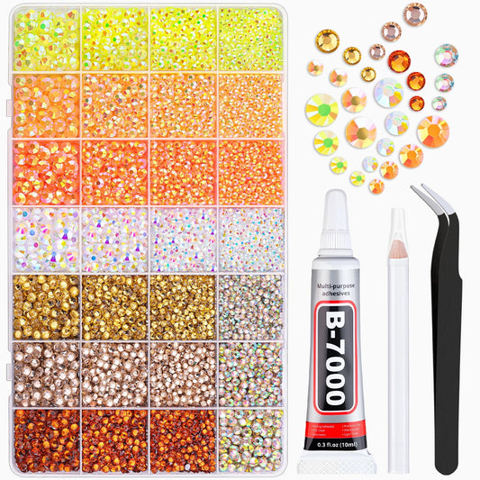 20000Pcs Yellow Rhinestones for Bedazzling with 1Pcs B7000 Jewelry Glue, Resin Rhinestones for Crafting Crafts DIY, Bedazzler Kit Gems for Clothing Shoes Tumblers Nail Art Assorted Size 3/4/5/6mm-Velvo Beauty