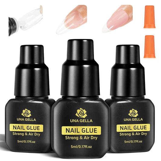 UNA GELLA Fast Drying Super Strong Nail Glue for Press Ons(5ML*3PCS) Acrylic Nails Tips No U/V Light Needed Press On Nail Glue Salon Quality Professional Nail Glue Home DIY with Opener, Drip Use-Velvo Beauty