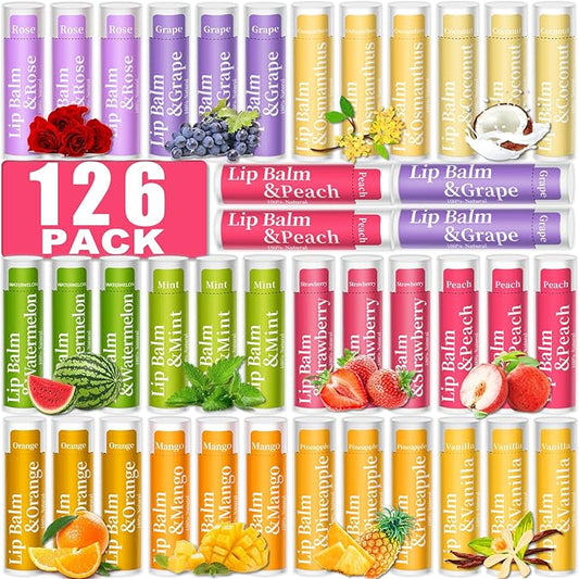 126 Pcs Lip Balm Bulk, 12 Flavored Pack of Lip Balms Natural Lip Balm Pack Moisturising Organic Lip Balm Set for Cracked Lips, Bulk Gifts Stocking Stuffers Party Favors(4.2g/0.15oz)-Velvo Beauty