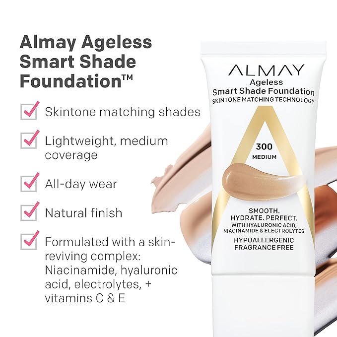Almay Anti-Aging Foundation, Smart Shade Face Makeup with Hyaluronic Acid, Niacinamide, Vitamin C & E, Hypoallergenic-Fragrance Free, 500 Golden, 1 Fl Oz (Pack of 1)-Velvo Beauty
