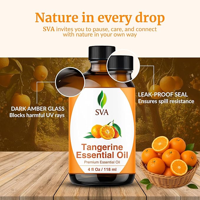 SVA Tangerine Essential Oil – 4 Fl Oz – 100% Natural Tangerine Oil - for Diffuser, Hair Care, Face, Skin Care, Aromatherapy, Scalp and Body Massage, Soap and Candle Making – with Dropper-Velvo Beauty