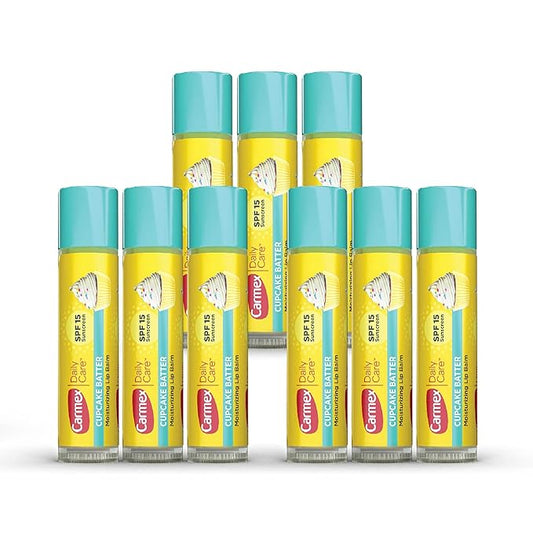 Carmex Daily Care Moisturizing Lip Balm Sticks, SPF 15, Cupcake Batter Flavor, 9 Count-Velvo Beauty