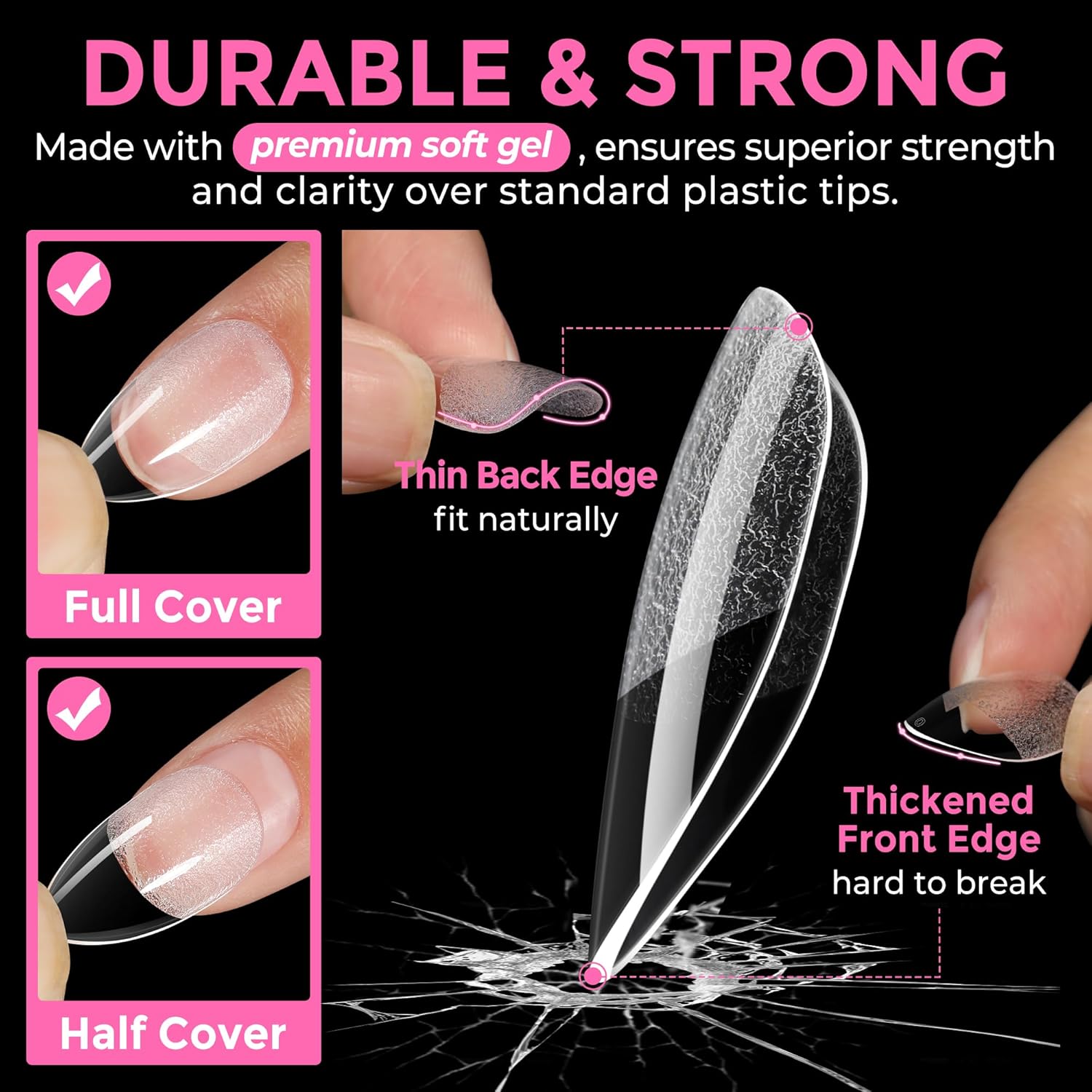 UNA GELLA Short Almond Fake Nails 216pcs Pre-shape Gel Acrylic Nail Tips for Full Cover Nail Extension Home DIY Nail Salon 12 Sizes Gelly Tips-Velvo Beauty