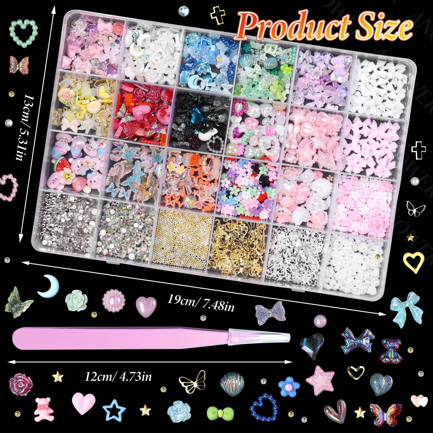 3D Nail Charms and Gems Mix Styles Butterfly Flower Bow Heart Colorful Assorted Nail Art Charm for Acrylic Nails Design, Pearls Nails Charms with Rhinestones Tiny Beads with Tweezers-Velvo Beauty