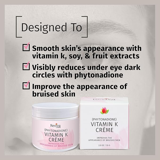 Reviva Labs Vitamin K Crème for Bruising, Under-Eye Dark Circles, and Wrinkles with Soybean Oil and Natural Fruit Extracts - 2 Oz, for Skin and Face-Velvo Beauty