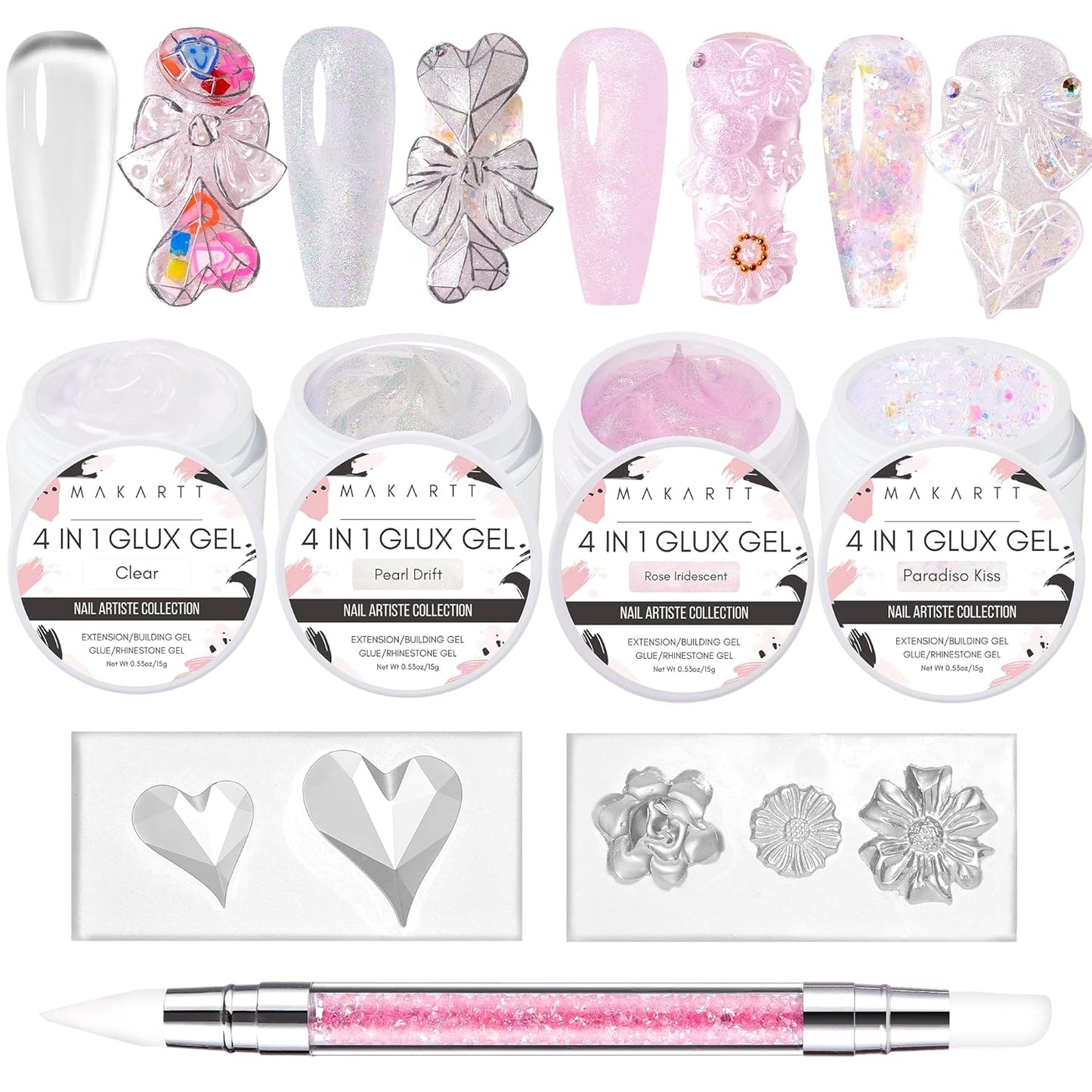 Makartt 3D Nail Gel Art for Nails Starter Kit: 4 Colors 3D Sculpting DIY Manicure Solid Gel Builder Clear and Shimmers for Extension, Molding Hard Gels with Silicone Flower Molds Sculpture Brush-Velvo Beauty