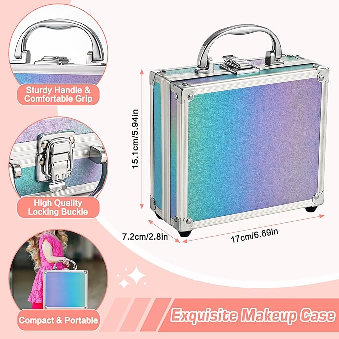 Anpro All-In-One Makeup Carry Case with Pro Teen Makeup Set, Full Starter Cosmetics Kit with Makeup Brushes, Eye Shadows Palette, Blushes, Glitter Gel, Temporary Tattoo Stickers - Blue-Velvo Beauty