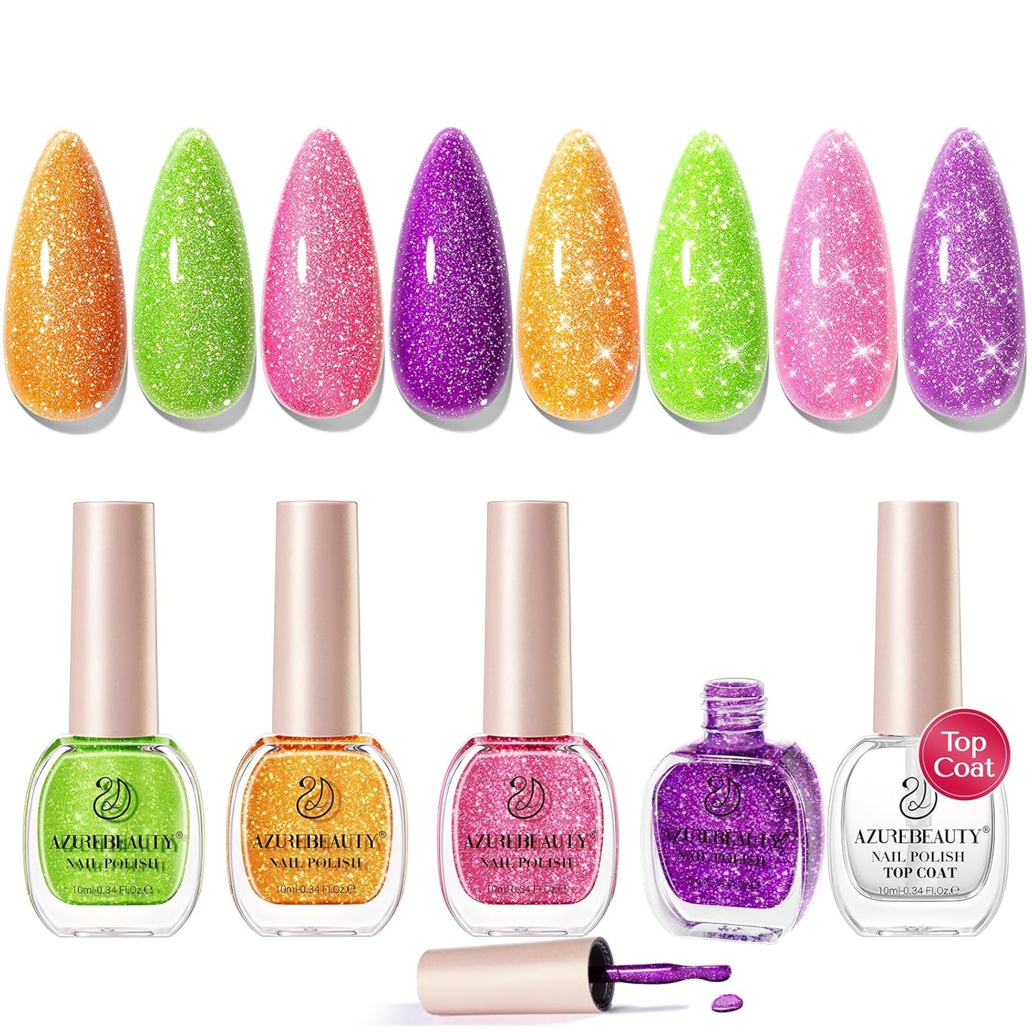 AZUREBEAUTY Nail Polish Set, 4 Colors Shimmer Glitter Neon Pink Orange Green Purple Spring Summer Long Lasting Quick Dry Natural Fingernail Lacquer Strengthening Kit with Top Coat DIY Salon-Velvo Beauty