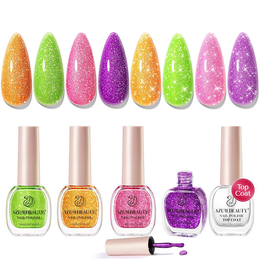AZUREBEAUTY Nail Polish Set, 4 Colors Shimmer Glitter Neon Pink Orange Green Purple Spring Summer Long Lasting Quick Dry Natural Fingernail Lacquer Strengthening Kit with Top Coat DIY Salon-Velvo Beauty
