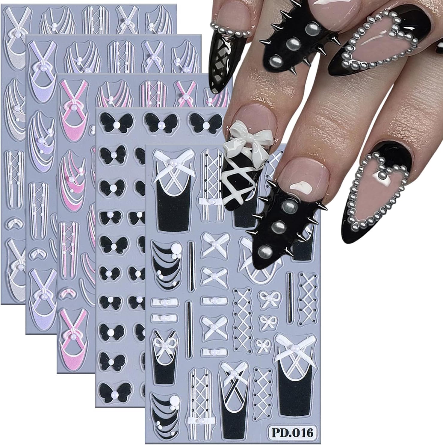 5 Sheets Ballet Bow Nail Art Stickers 5D Relief Self -Adhesive Pearl Bow Nail Decals Holographic Lace Bows Love Heart Nail Stickers French Nail Decoration for Women Manicure Supplies-Velvo Beauty