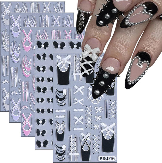 5 Sheets Ballet Bow Nail Art Stickers 5D Relief Self -Adhesive Pearl Bow Nail Decals Holographic Lace Bows Love Heart Nail Stickers French Nail Decoration for Women Manicure Supplies-Velvo Beauty