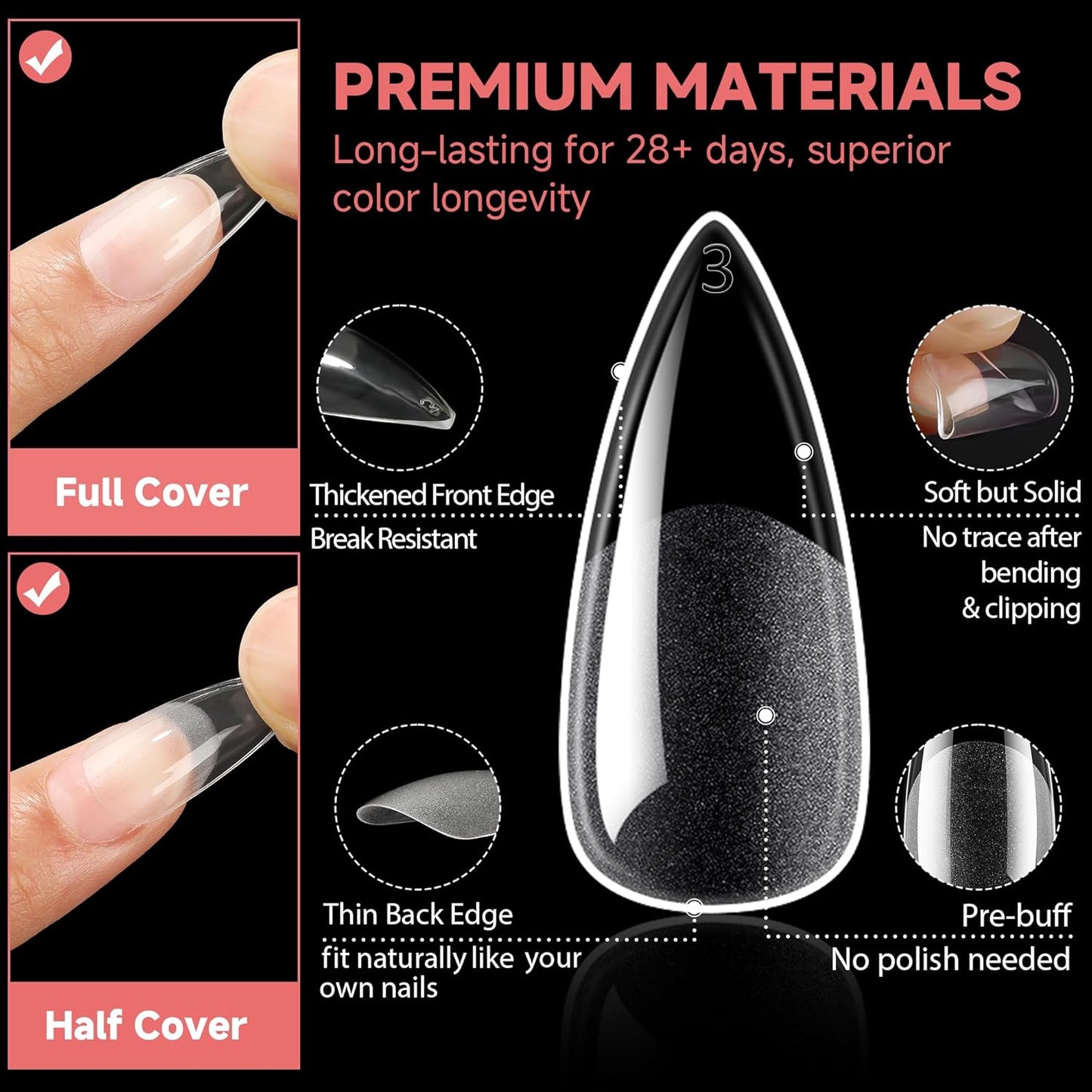UNA GELLA Stiletto Gel Nail Tips: Full Cover 312Pcs No C Curve Halloween Stiletto Nail Tips Pre-buff Press On Nails Half Matte Almond Gel Tips for Nail Extension DIY Salon 12 Sizes-Velvo Beauty