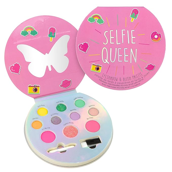 Expressions Selfie Queen Glisten & Glitter Makeup Palette 10 Color Eyeshadow Palette & Blush Makeup Novelty Beauty Set, Fold Out Compact with Mirror, Cute Makeup Kit Gifts - Washable, Non-Toxic-Velvo Beauty
