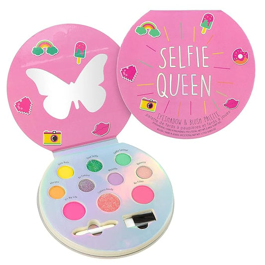 Expressions Selfie Queen Glisten & Glitter Makeup Palette 10 Color Eyeshadow Palette & Blush Makeup Novelty Beauty Set, Fold Out Compact with Mirror, Cute Makeup Kit Gifts - Washable, Non-Toxic-Velvo Beauty