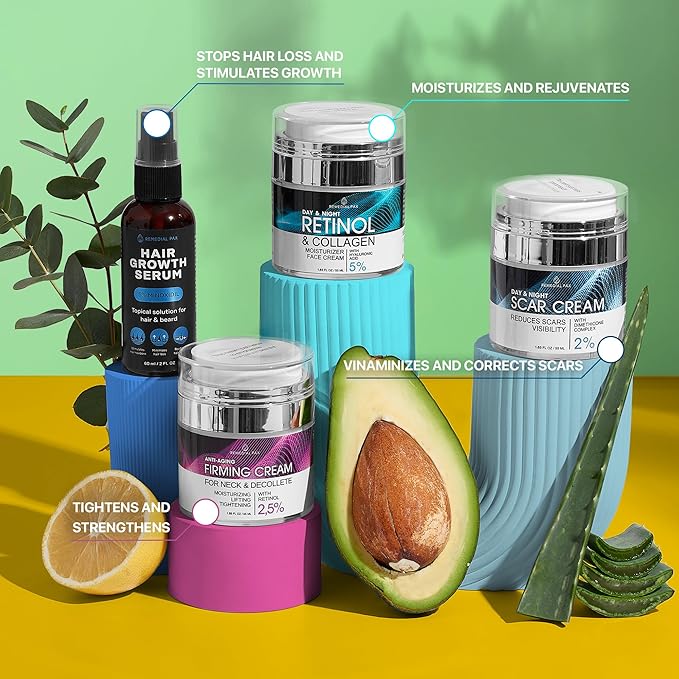 Skincare Gift Set, 10 Anti-Aging Beauty Products for Women & Men, Facial Creams & Moisturizers, Hair Growth Serum, & Hemp Cream, for Hair, Neck, Dark Spots, Scars, Dark Circles, & Dry Skin-Velvo Beauty