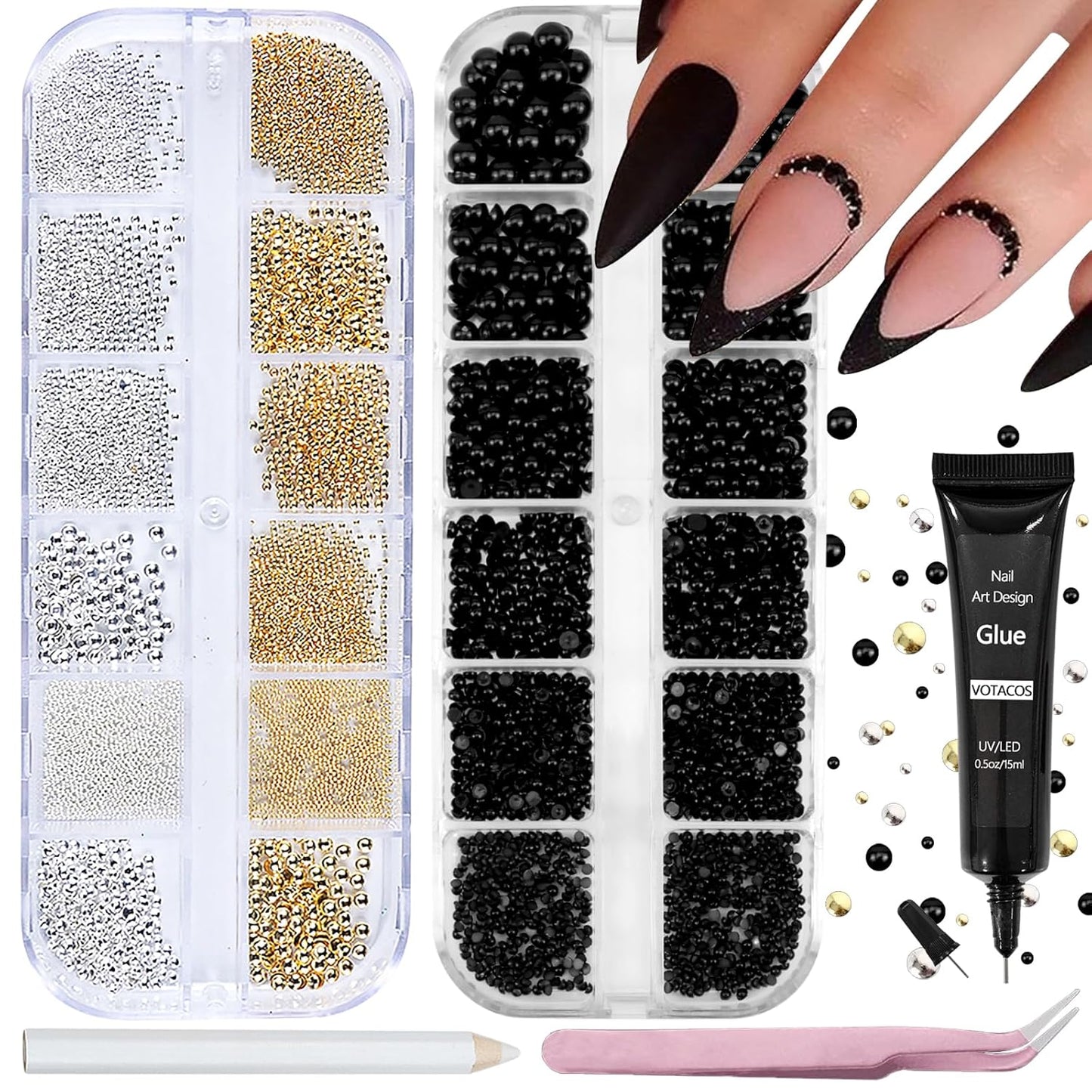 Nail Art Pearls with Rhinestones Glue Gel Flatback Pearls Nail Charms Luxurious Nails Supplies Accessories Gold Silver Gems Jewelry Pearl for Women Nails Design(Black)-Velvo Beauty