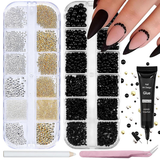 Nail Art Pearls with Rhinestones Glue Gel Flatback Pearls Nail Charms Luxurious Nails Supplies Accessories Gold Silver Gems Jewelry Pearl for Women Nails Design(Black)-Velvo Beauty