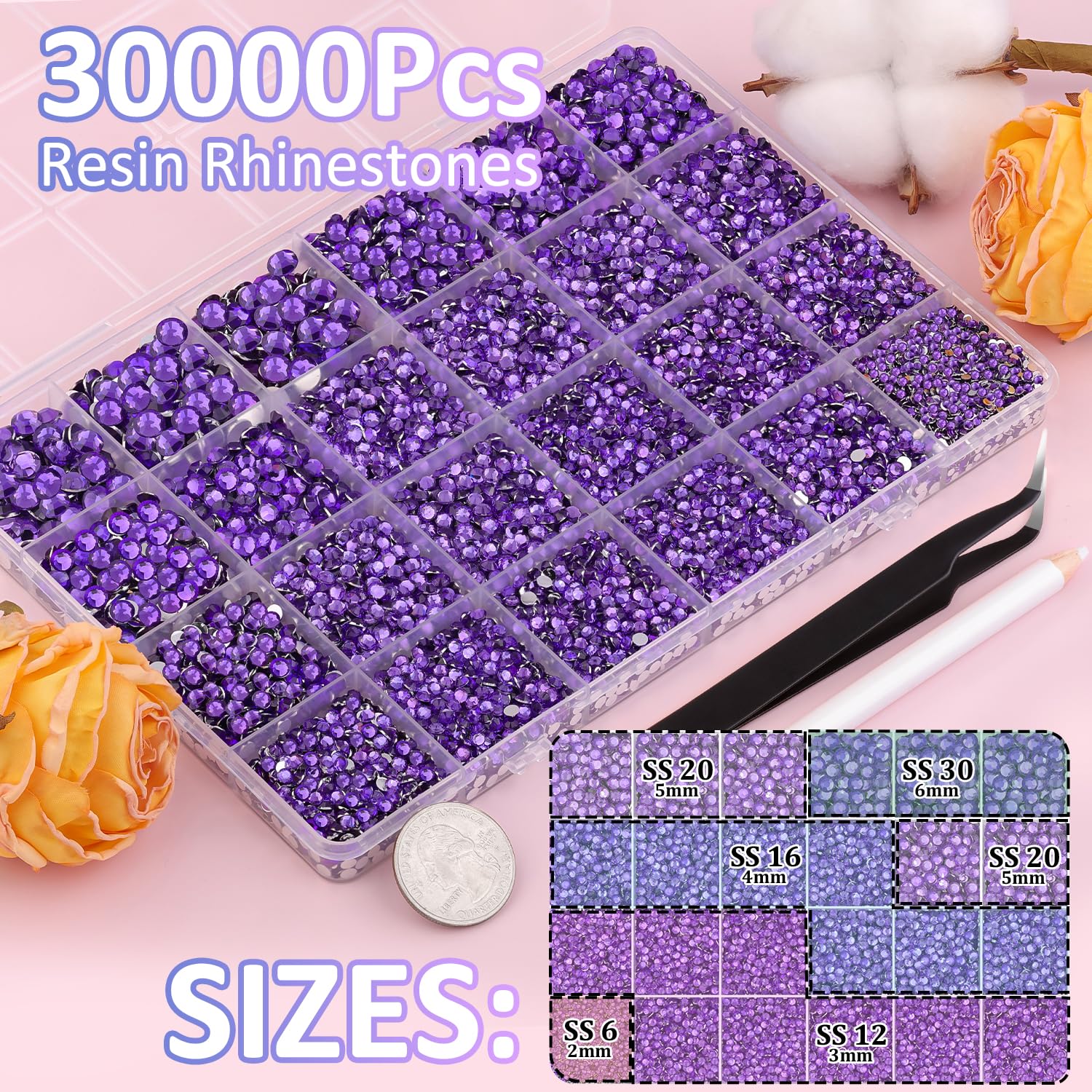 30000Pcs Dark Purple Rhinestones for Bedazzling with B7000 Jewelry Glue, Bedazzler Kit Flatback Gems, Resin Rhinestones for Crafting Crafts Clothing Shoes Fabric Nail Art Assorted Size 2/3/4/5/6mm-Velvo Beauty
