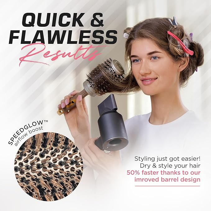Fagaci Professional Large Round Brush with Natural Boar Bristles for Blow Drying, Nano Technology Ceramic+Ionic for Hair Styling, Volumizing and Healthy Hair - 4 Styling Clips Included-Velvo Beauty