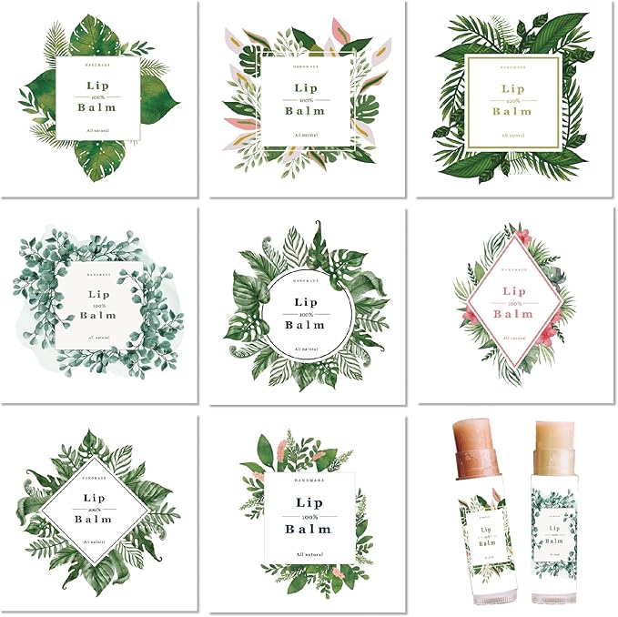 CRASPIRE 80Pcs 8 Styles Labels for Lip Balm Coated Paper Paster Tropical Plants Square Tubes Lip Balm Labels Stickers Natural Homemade Self-Adhesive Stickers Logo for Containers Cosmetics Lipsticks-Velvo Beauty
