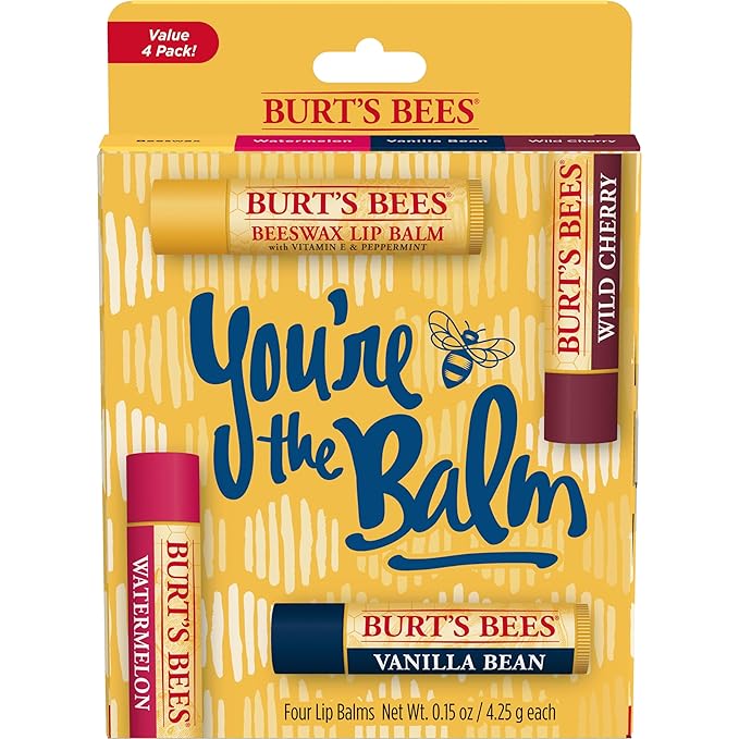 Burt's Bees You're the Balm Lip Balm Pack, With Beeswax, Wild Cherry, Watermelon and Vanilla Bean Flavors, With Responsibly Sourced Beeswax, Tint-Free, Natural Origin Lip Treatment, 4 Tubes, 0.15 oz.-Velvo Beauty