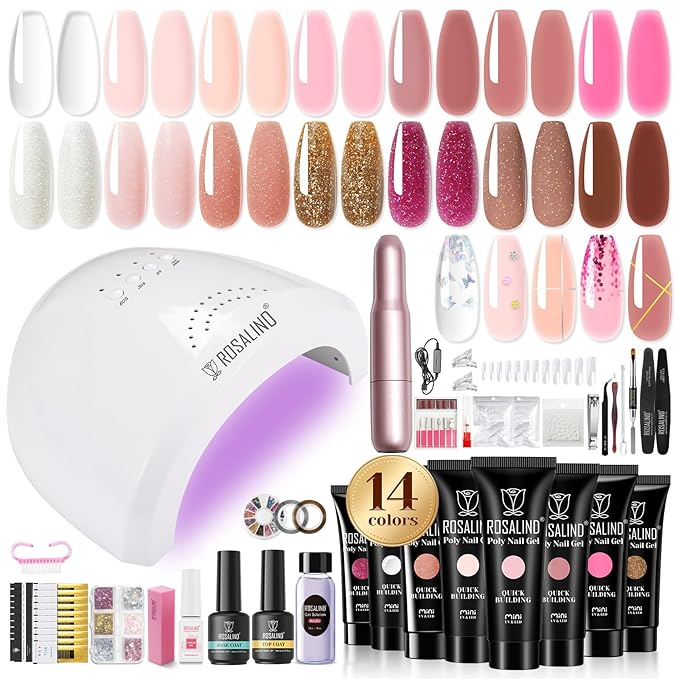 Poly Nail Gel Starter Kit -14 Colors + 75 Nail Art Accessories Kit,ROSALIND Clear Pink Nude Glitter Poly Nail Gel with Big UV Light 48W and Electric Nail Drill Starter Kit-Velvo Beauty