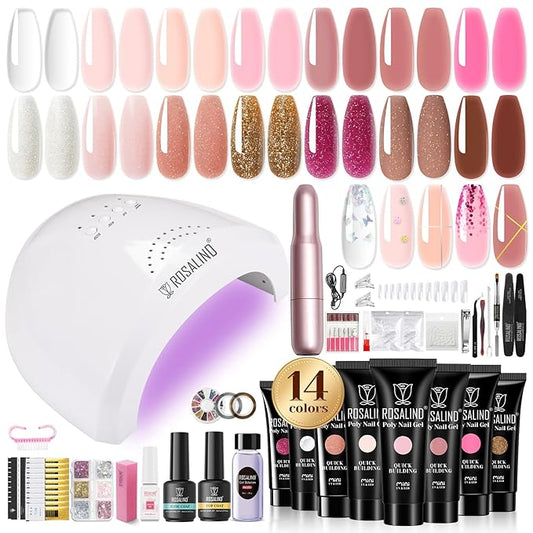 Poly Nail Gel Starter Kit -14 Colors + 75 Nail Art Accessories Kit,ROSALIND Clear Pink Nude Glitter Poly Nail Gel with Big UV Light 48W and Electric Nail Drill Starter Kit-Velvo Beauty