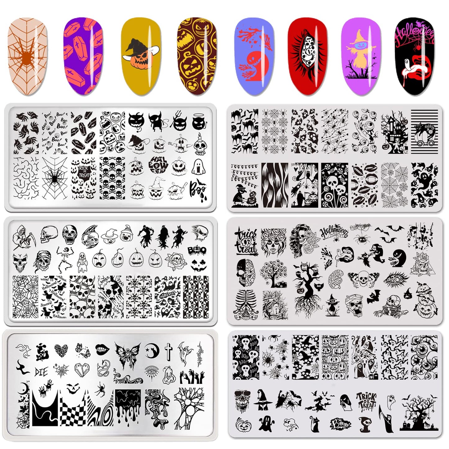 6 Pcs Halloween Nail Stamping Plate Skull Bat Witch Spider Web Halloween Nail Stamper Kit Pumpkin Grimace Blood Design Nail Template Decoration-Velvo Beauty