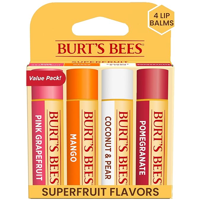 Burt's Bees Lip Balm - Pink Grapefruit, Mango, Coconut & Pear, and Pomegranate Pack, Lip Moisturizer With Beeswax, Tint-Free, Natural Origin Conditioning Lip Treatment, 4 Tubes, 0.15 oz.-Velvo Beauty
