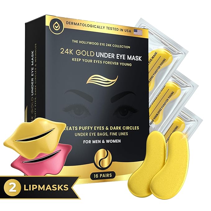16 Pairs Gold Under Eye Patches with 2 pieces of Lip Mask | Under Eye Mask Dark Circles and Puffiness | Wrinkles Patches with Hydrogel | Collagen Eye Pad-Velvo Beauty