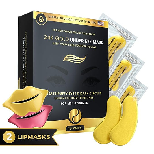 16 Pairs Gold Under Eye Patches with 2 pieces of Lip Mask | Under Eye Mask Dark Circles and Puffiness | Wrinkles Patches with Hydrogel | Collagen Eye Pad-Velvo Beauty