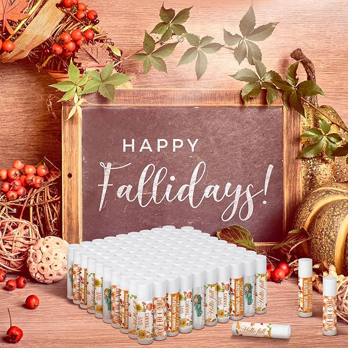 Dunzy 100 Pack Hello Fall Thanksgiving Party Gifts Bulk Lip Balms Favors Employee Appreciation Gifts Thank You Gifts Team Inspirational Gifts for Women Men Coworkers Satff Teachers(Thanksgiving)-Velvo Beauty