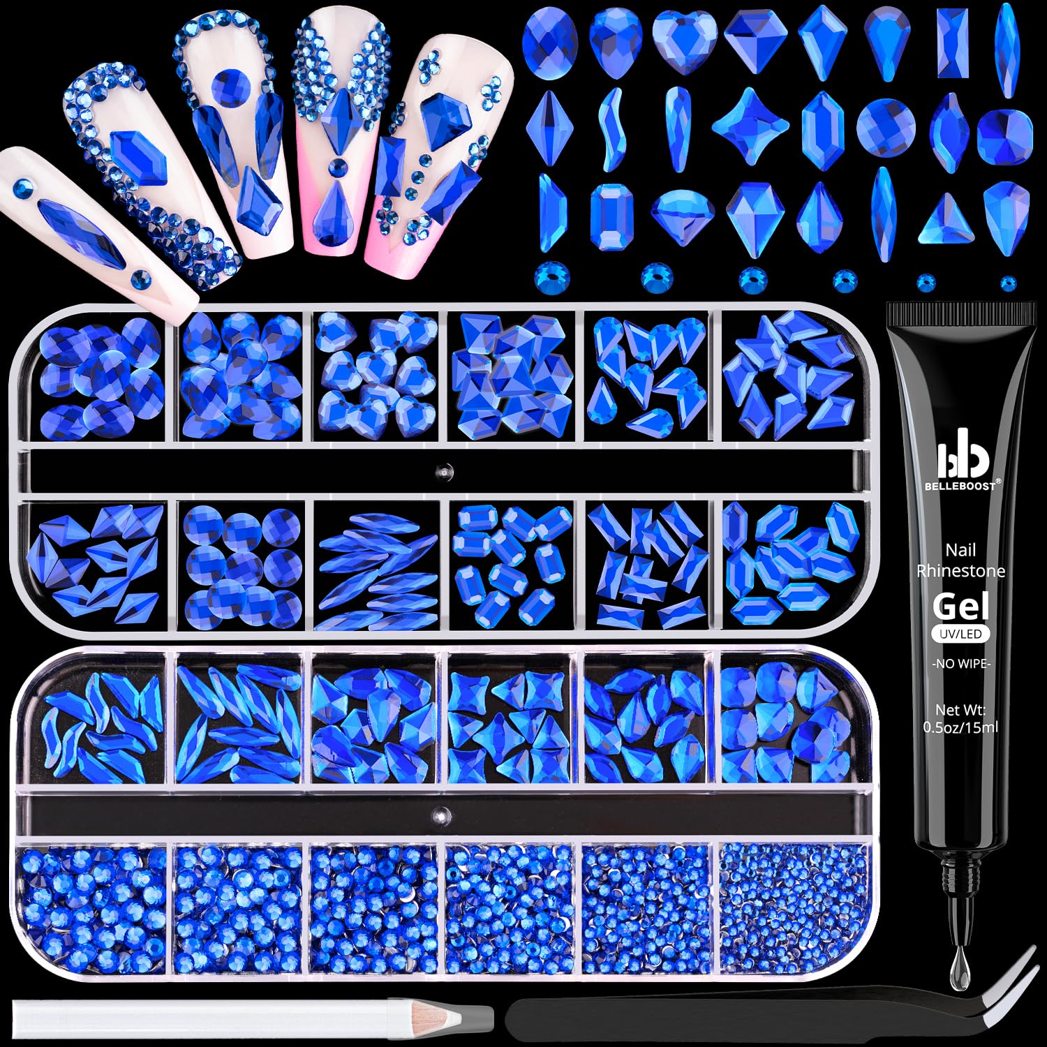 Royal Blue Glass Nail Rhinestones - 1680 Pcs Multi Shapes + 1500 Pcs Round Crystal with Glue Gel for Nail Art-Velvo Beauty