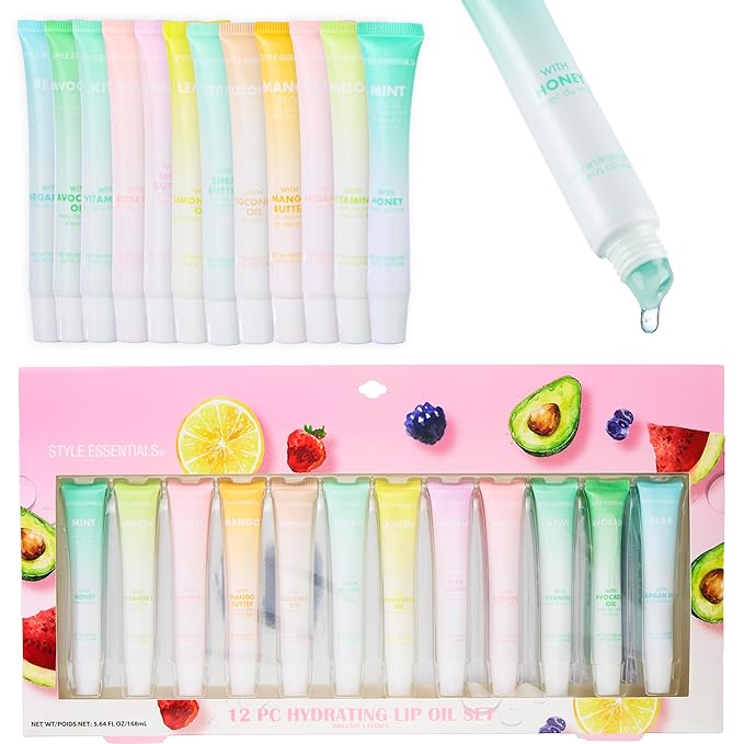 Expressions 12pc Lip Oil Set - Flavored Lip Oils Value Pack, Hydrating Lip Oils w/Squeeze Tube Application, Moisturizing Lip Oil Collection for Everyday Lip Care and Lip Repair (FRUITS)-Velvo Beauty