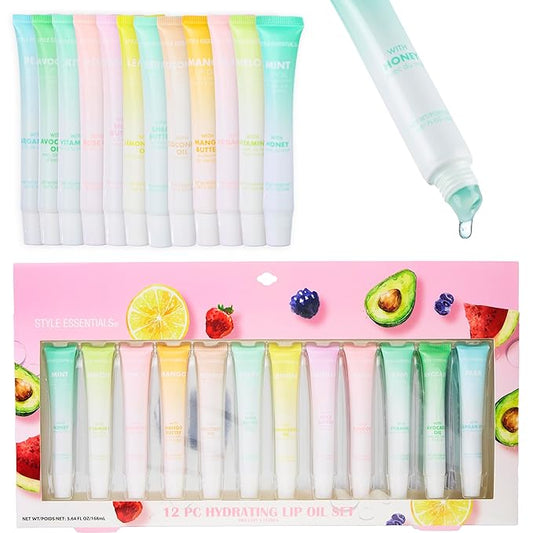 Expressions 12pc Lip Oil Set - Flavored Lip Oils Value Pack, Hydrating Lip Oils w/Squeeze Tube Application, Moisturizing Lip Oil Collection for Everyday Lip Care and Lip Repair (FRUITS)-Velvo Beauty