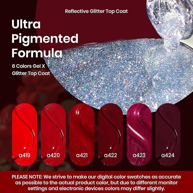 Beetles Red Gel Nail Polish Set with Top Coat, 6 Colors Popular Shimmer Red Burgundy Gel Polish Kit Nail Art Design Soak Off Uv LED Minicure DIY Home Gifts for Women-Velvo Beauty