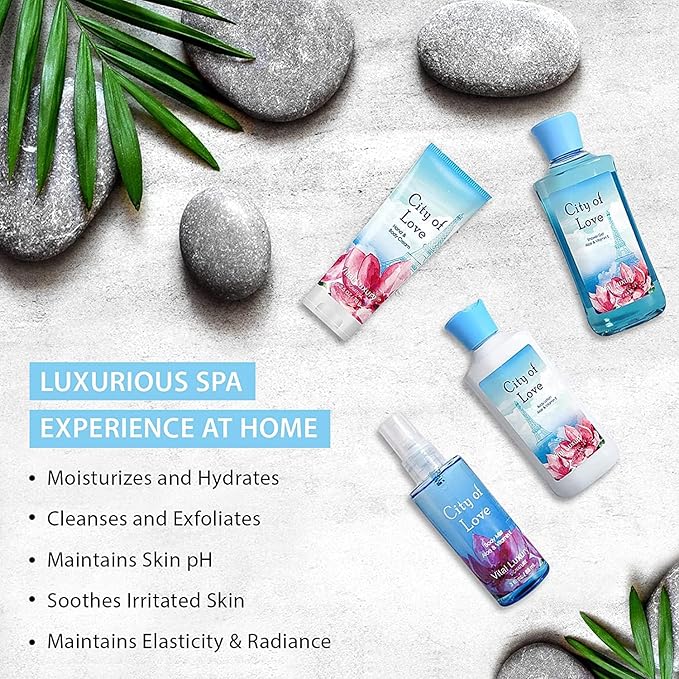 Bath & Body Kit - Body Lotion, Shower Gel, Body Cream, and Fragrance Mist, 3 Fl Oz each, in City of Love, Ideal Skincare Gift Home Spa Set for luxurious indulgence-Velvo Beauty