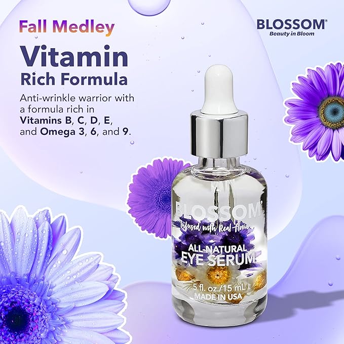 Blossom All Natural Organic Cruelty Free Moisturizing Eye Serum with Essential Oils, Infused with Real Flowers, Made in USA, 0.5 fl. oz., Fall Medley-Velvo Beauty