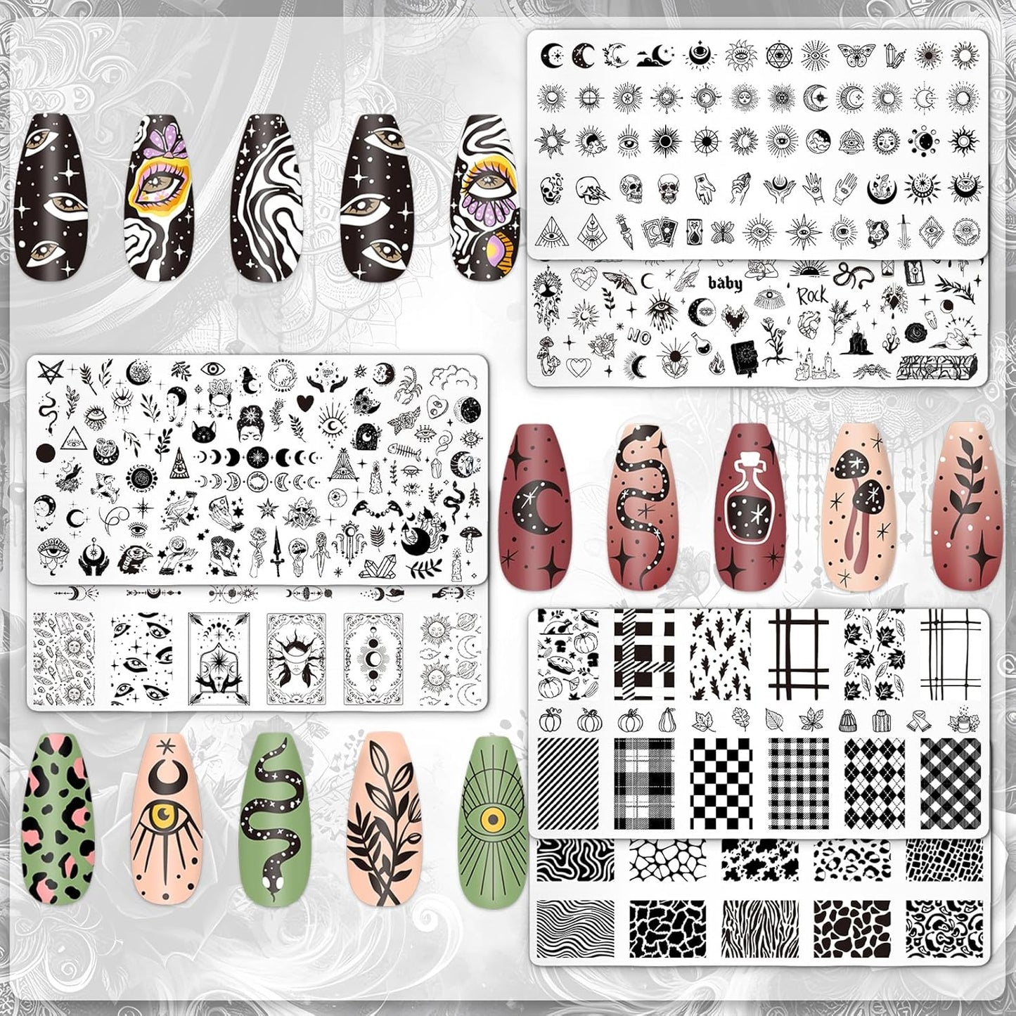 Whaline 6Pcs Gothic Halloween Nail Plates Stamping Set Skull Evil Eye Moon Stamp Templates Halloween Nail Art Plates for DIY Print Manicure Salon Design-Velvo Beauty