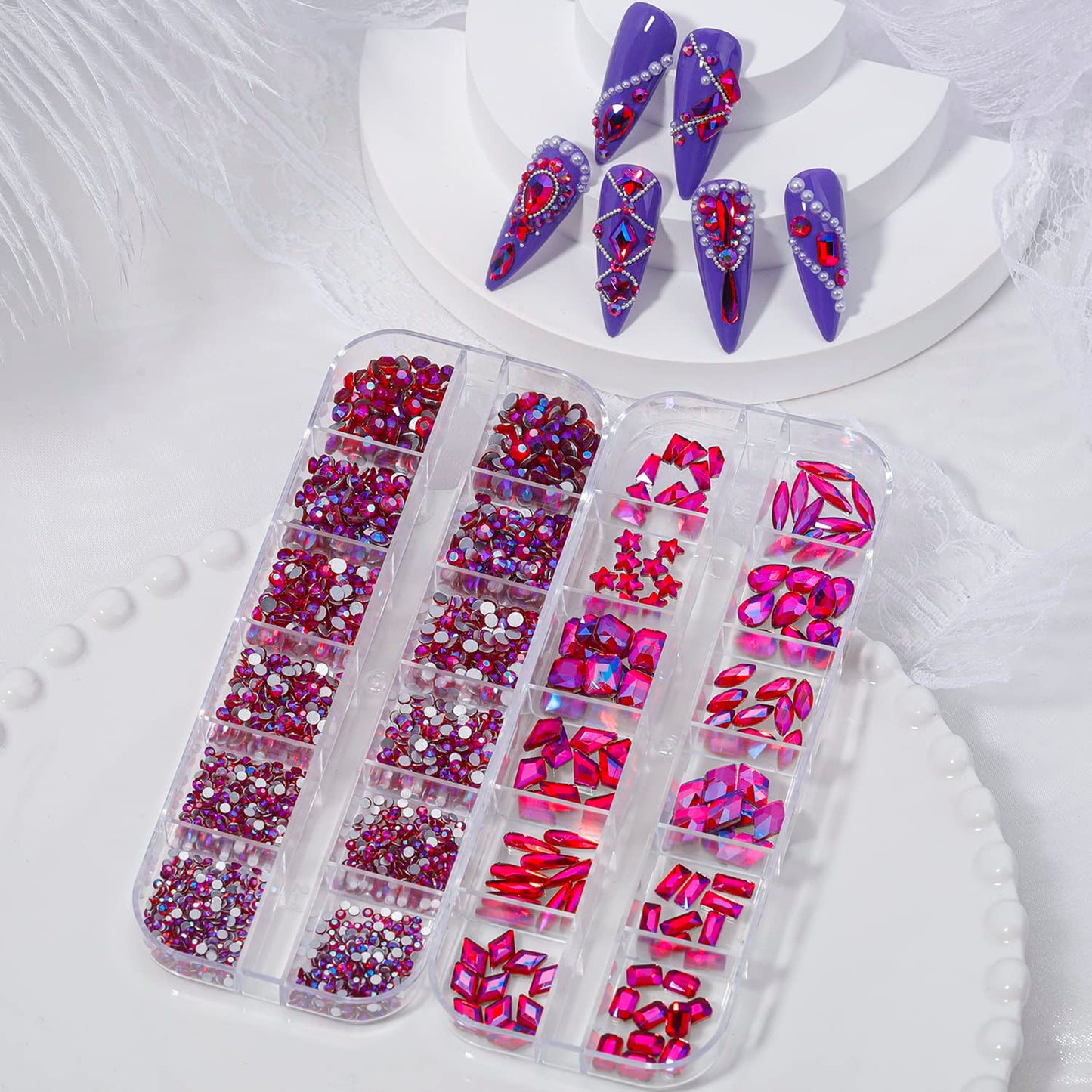 HNUIX Nail Rhinestones - 3D Multi Shape Size, Crystal AB Red Nail Gems, Flat Back, with Kit, for Nail Art, DIY Decorations-Velvo Beauty