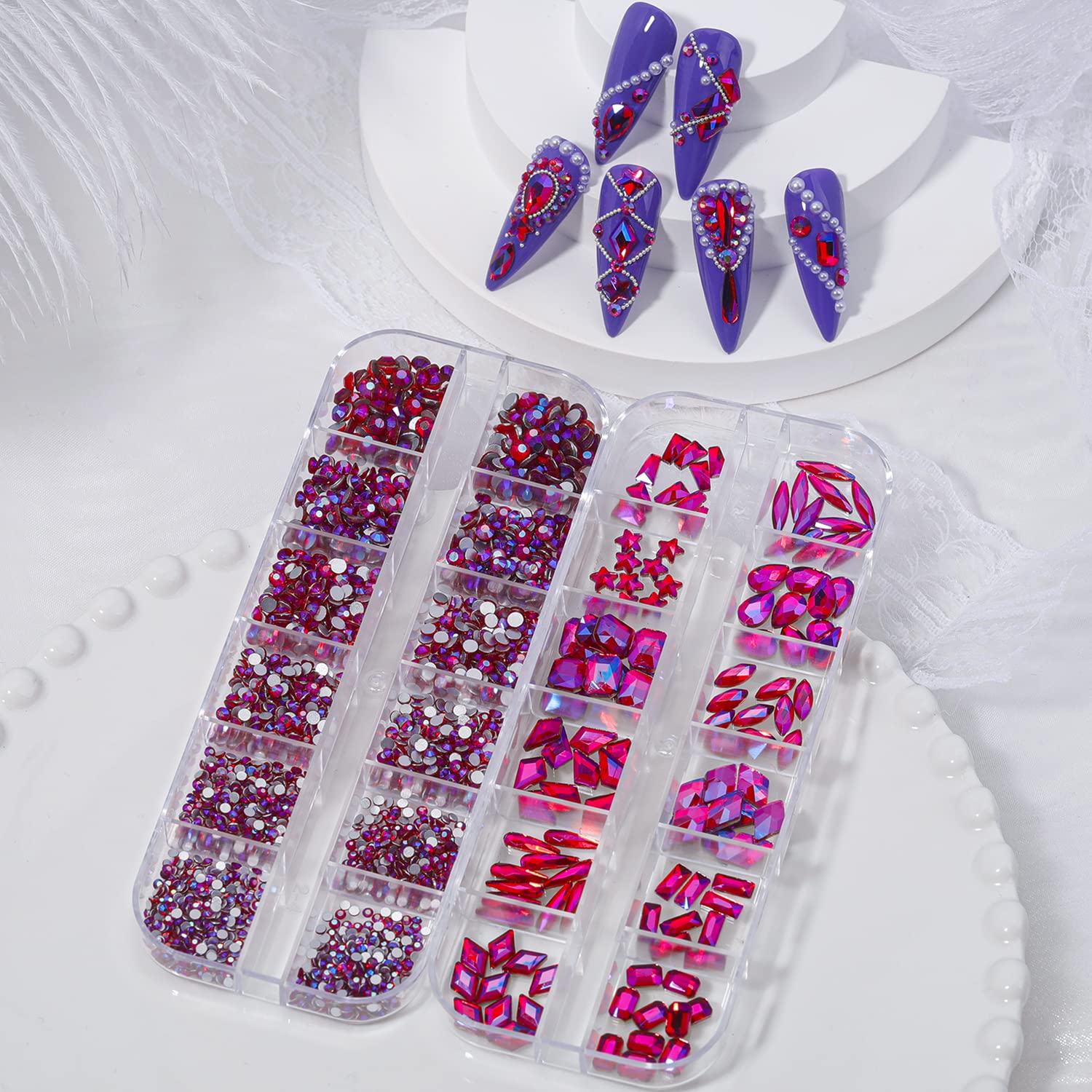 HNUIX Nail Rhinestones - 3D Multi Shape Size, Crystal AB Red Nail Gems, Flat Back, with Kit, for Nail Art, DIY Decorations-Velvo Beauty