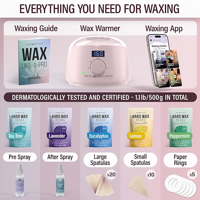 Tress Wellness Waxing Kit for Sensitive Skin – Safe for Face & Skin, Prep & Aftercare Spray, Easy to Use – At-Home Kit for Face, Bikini, Brazilian & Full Body - Digital Display, Pink-Velvo Beauty