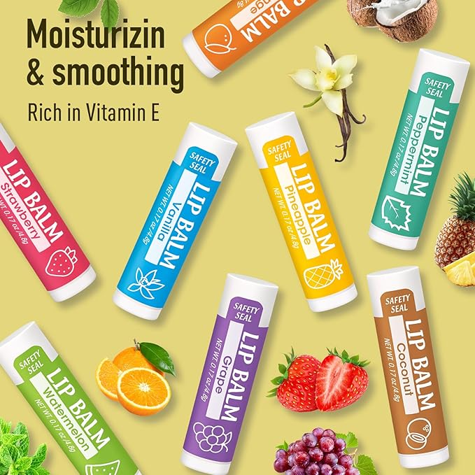 64 Pack Lip Balm, Natural Lip Balm Bulk with Vitamin E and Coconut Oil, Moisturizing Lip Balm for Dry Cracked Lips, Lip Balm for Stocking Stuffers - 8 Flavors-Velvo Beauty